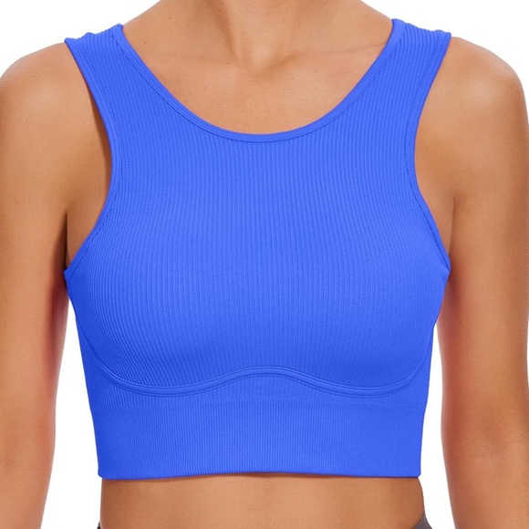 Women's Blue Backless Ribbed Sports Bra - Picture 3 of 9